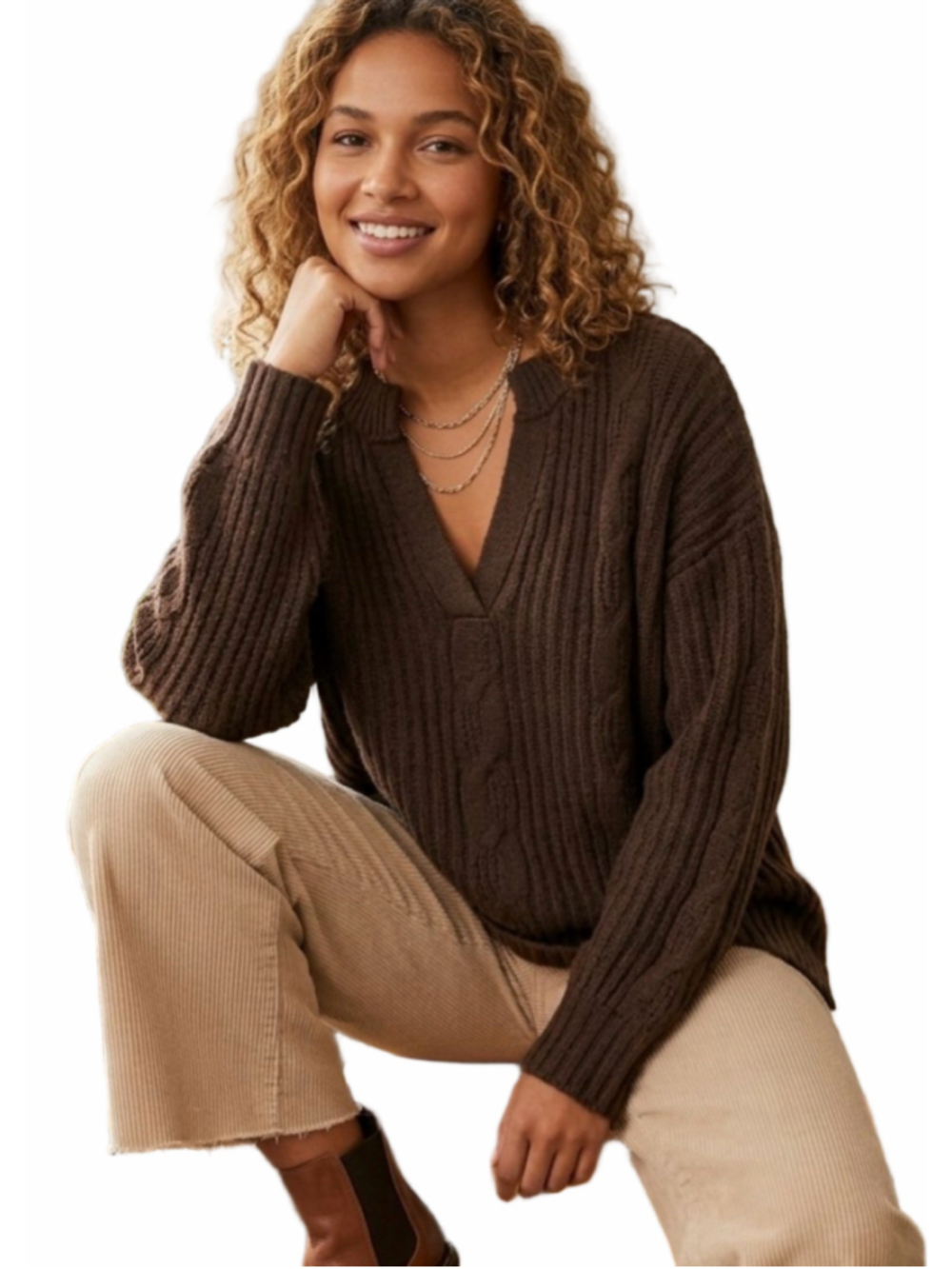 American Eagle Brown Cable Knit Sweater V Neck Oversized Slouchy Pullover L 2033